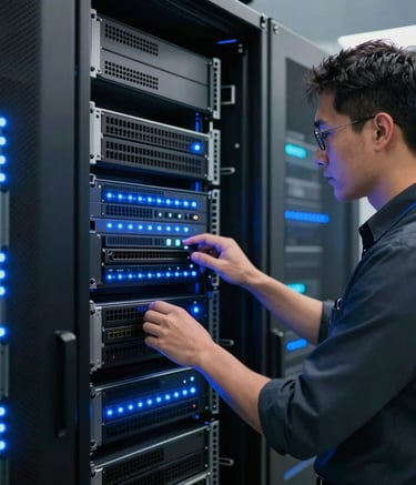 A high-tech server room with glowing bright blue and deep blue indicator lights. A professional IT specialist is seen from the side, inspecting equipment in a North American / US corporate data center. The lighting is clean and cinematic.