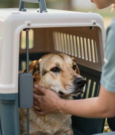 A close-up shot of a volunteer's gentle hand comforting a calm dog through a professional-grade transport carrier. The lighting is warm and natural, suggesting a safe environment. The scene incorporates brand tones like #4F6B7C and #A7BCC9 in the background equipment and handler's attire.