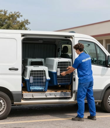 A side view of a clean, reliable transport vehicle being loaded with animal crates by a professional volunteer in a blue uniform. The setting is a sunny parking lot near a shelter. Soft, clear lighting emphasizes reliability. Palette includes #1E3A4B and #F8FBFD.