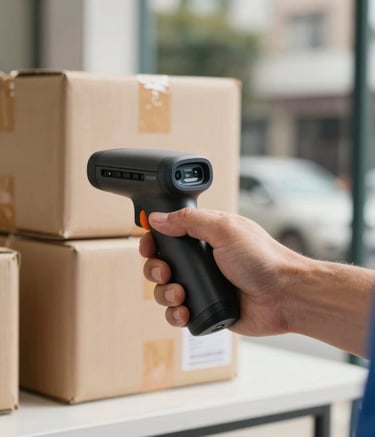 Close-up of a professional Brazilian delivery person's hand holding a high-tech scanning device in front of a modern parcel, South American urban setting, bright natural lighting, professional and secure atmosphere.