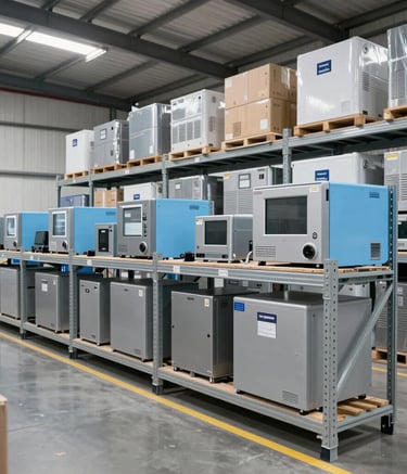 Wide shot of a modern, clean logistics distribution center in Brazil with silver and light blue accents, showing organized shelves and high-end equipment, professional commercial photography.