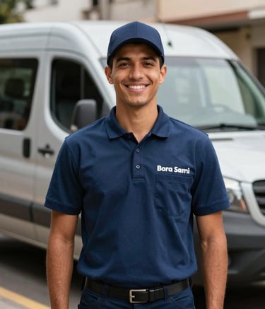 Portrait of a confident Brazilian delivery manager in a professional navy blue uniform standing in front of a silver van, urban South American background, morning sunlight.