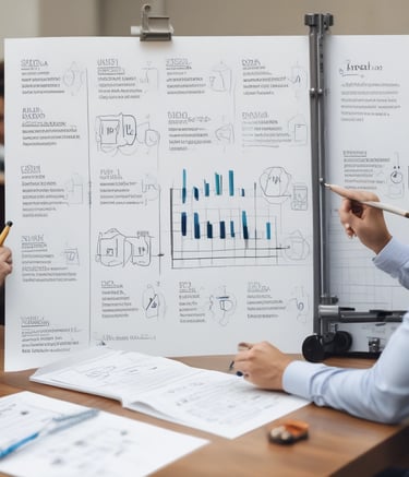 A diverse team collaborating over hospitality project plans in a modern office.