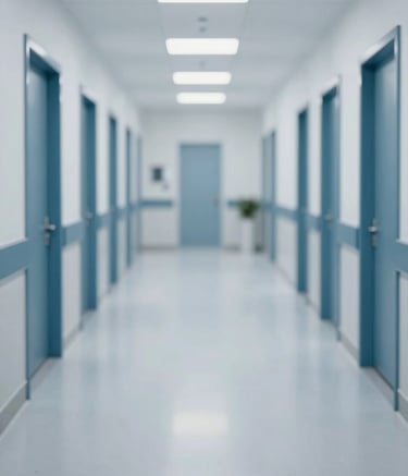 A high-end image of a medical facility hallway in Riyadh featuring seamless antibacterial vinyl flooring in light grey. The lighting is clean and sterile, reflecting professionalism. The scene incorporates brand colors #4A6572 and #F5F8FA in the architectural details.