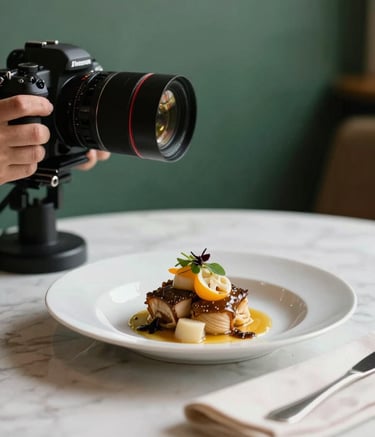 A close-up photography shot of a professional camera filming a beautifully plated dish in a Western / European artisanal restaurant. The background is a soft-focus Matte Forest Green, while the Crisp Parchment napkins on the table provide a clean, high-contrast look. The mood is authentic, professional, and sophisticated.
