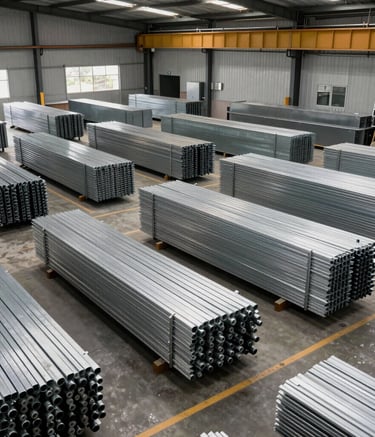 A wide, professional shot of the interior of a clean and efficient steel supply facility in Brazil. Organized rows of metal products are visible, conveying scale and corporate reliability.