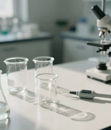 A clean, minimalist arrangement of glass lab beakers and professional pipettes on a polished off-white surface. The environment is a sophisticated North American / US biotech facility, using soft muted sage accents and bright, natural morning light.