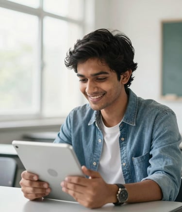 Bright, high-key portrait of an Indian student smiling while using a digital tablet in a clean, modern classroom with soft natural window light.