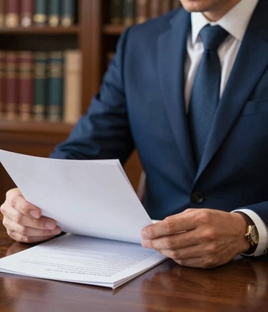 Photography of a legal expert in a high-end navy blue suit, focus on hands holding a professional document. White paper on a dark wood table, blurred background of a law library with soft lighting. European professional style.