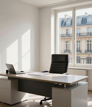 Photography of a bright, modern lawyer's office in Paris. A sleek desk with a leather chair, white walls, and a large window showing a traditional Haussmann-style building. Soft morning light, professional and clean aesthetic.