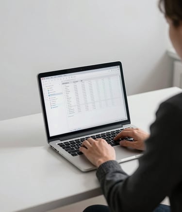 Photography from behind a legal professional working on a laptop in a minimalist office in Paris. The screen displays data in a clean interface. White and grey tones with a subtle blue accent light. Modern French workspace, professional and calm atmosphere.