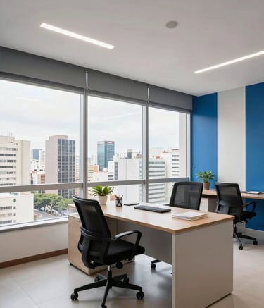 A wide-angle professional photograph of a bright, modern office consultation room in Brazil. The room features a large window with a view of an urban cityscape, with steel blue decorative accents on the walls and a clean, organized desk setup. The atmosphere is professional and approachable.