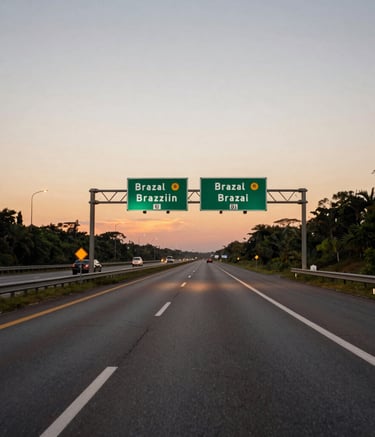 High-quality photography of a well-maintained Brazilian highway at dusk, with soft warm lighting reflecting off the asphalt and clear road signage. The composition is calm and professional, emphasizing safety and order on the road.