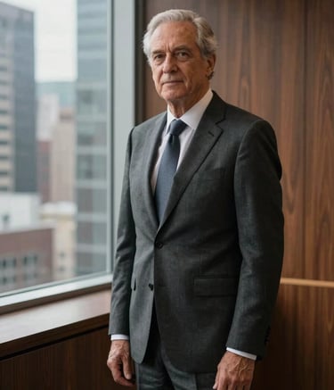 A portrait of a senior professional in a world-class corporate office in a North American / European business district. The professional is wearing a tailored charcoal suit, standing near a window with a blurred cityscape background. The lighting is sophisticated and moody, highlighting rich tobacco-colored wood paneling in the room.