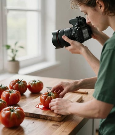 A behind-the-scenes photography shot in a North American artisanal kitchen. A food stylist is carefully arranging heirloom tomatoes on a wooden surface while a photographer adjusts a professional camera. The scene is bathed in soft, natural window light, reflecting a clean and sophisticated Scandinavian aesthetic with a palette of deep ripe crimson and matte forest green tones.