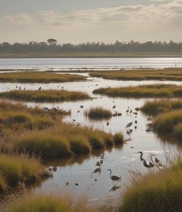 A serene wetland at sunrise with diverse aquatic plants and birds.