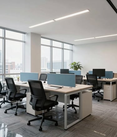 A wide-angle professional photograph of a pristine, modern office workspace in North America. The scene features polished glass surfaces and a clean, organized layout. Bright, natural lighting pours in from large windows, highlighting the lack of dust and the steel blue and off-white color palette of the interior design.