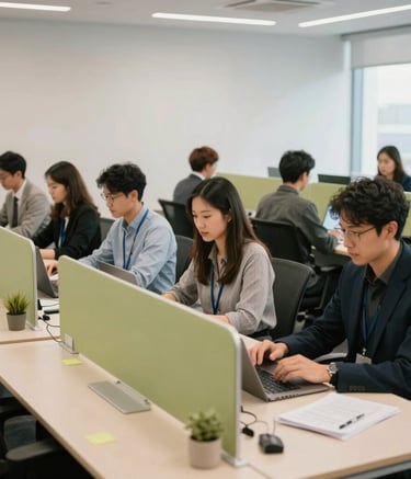 A professional candid photograph of a collaborative workspace in a North American corporate office, showing colleagues in business-casual attire working at large tables with light green and off-white accents, conveying a bright and efficient atmosphere.