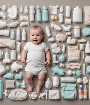 A colorful display of baby products such as bottles and toys stacked in boxes.