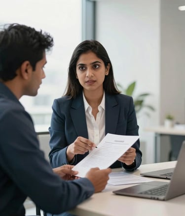A high-quality photography of a South Asian / Indian professional meeting taking place in a bright, modern Bangalore office. A woman in business attire is explaining a document to a colleague. The atmosphere is sophisticated and efficient, with soft natural light and a palette of steel blue and off-white.
