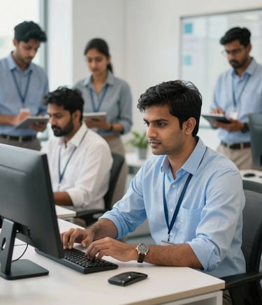 A professional photograph of a contemporary workspace in India. The scene shows a clean, organized office with South Asian / Indian staff collaborating in the background. The lighting is bright and airy, emphasizing a palette of light blue and white to evoke trust.