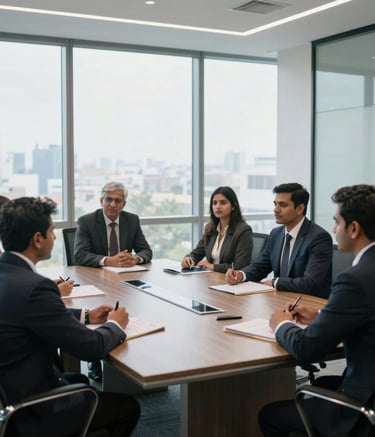 A professional wide-shot of a modern corporate boardroom in Gurugram, India. South Asian / Indian professionals are seated around a sleek table, engaged in a strategic discussion. The room is bright with floor-to-ceiling windows, reflecting a mood of modern efficiency and trust.