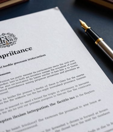 A sophisticated close-up photograph of formal legal documents regarding inheritance tax and asset protection in a British law firm. A gold-trimmed fountain pen rests on a dark navy desk surface beside the parchment. The lighting is focused and dramatic, highlighting the quality of the paper and the professionalism of the setting.