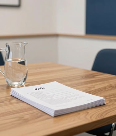 Photography of a warm and inviting legal consultation room in a modern British office. A high-quality wooden table is prepared with a pitcher of water and a stack of Wills and Trust documents. The setting is bright and professional, featuring off-white and deep navy blue tones in the decor.