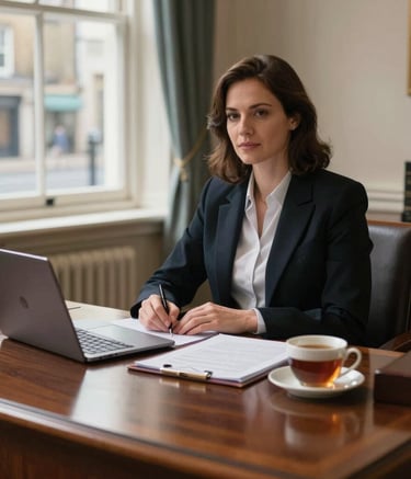 A professional portrait style shot of a solicitor's workspace in a British law firm. A mahogany desk is visible with organized legal folders, a laptop, and a cup of tea. Soft natural light flows through a classic window overlooking a UK street, creating a trustworthy and calm atmosphere.