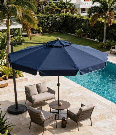 Professional high-angle photography of a luxury poolside in a São Paulo residential garden, featuring a large navy blue custom-made ombrelone providing shade over high-end outdoor furniture, bright natural daylight, South American setting.