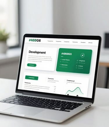 A high-end, professionally designed presentation deck displayed on a modern laptop screen in a bright, minimalist office setting. The design features clean lines, #4B6B63 accents, and sophisticated data visualizations, reflecting expert company profile development.