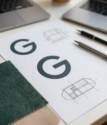 A close-up of a designer's desk featuring a mood board with minimalist logo sketches, fabric swatches in deep greens and tan, and architectural drawing tools. The atmosphere is professional and creative, using #1B2D26 and #C4A484 as primary color themes.