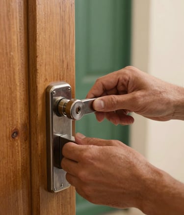 A detailed close-up of a professional locksmith's hands installing a high-security lock on a contemporary wooden door in a Spanish / Aragonese home. The lighting is soft and natural, emphasizing the metallic textures of the lock against the warm wood. The scene reflects expertise and established craft, with forest green and light cream tones in the background.