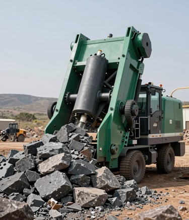 A powerful mobile crusher machine processing rock at a South African industrial site. The scene is professional and industrial, featuring a palette of dark slate grey and deep sea green. The lighting is bright and realistic, capturing the rugged landscape of South Africa in the background.