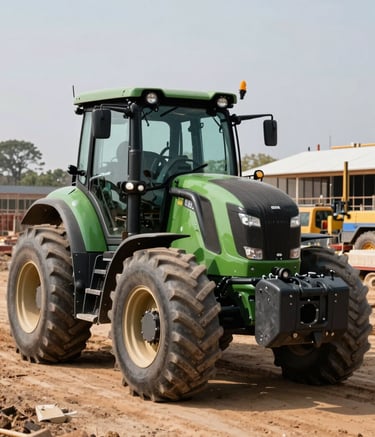 A modern TLB (tractor loader backhoe) parked at a construction site in South Africa. The machine looks robust and well-maintained, with a background showing professional industrial activity. The colors include deep sea green and muted earth tones.