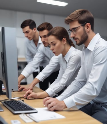 A modern office environment showcasing teamwork and technology.