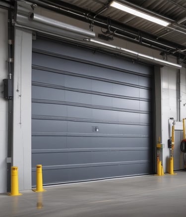 A red corrugated metal garage door with a smaller, matching door integrated into it. The surface is uniform with horizontal ridges and a few visible bolts and handles.