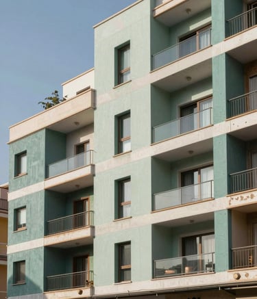 Professional photography of a contemporary apartment complex in a sunny Spanish coastal city. The building features an elegant facade with muted teal and light sage green accents, showcasing a finished exterior insulation project. Sharp focus, sophisticated urban architecture style.