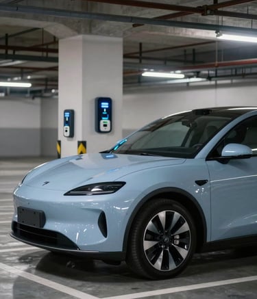 A ground-level perspective of a sleek modern car parked in a well-lit South American urban parking garage with smart payment sensors visible. The atmosphere is efficient and trustworthy. Lighting is soft and professional, emphasizing a Light Blue and Light Gray aesthetic.