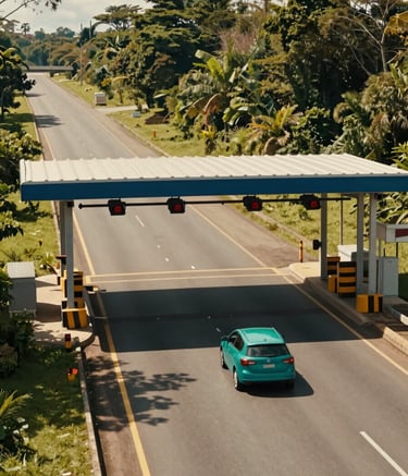A high-angle shot of a car driving through a modern Free Flow electronic toll gantry on a bright, sunny Brazilian highway surrounded by lush greenery. Professional photography, clean composition, natural and warm lighting, featuring Teal and Dark Blue colors.