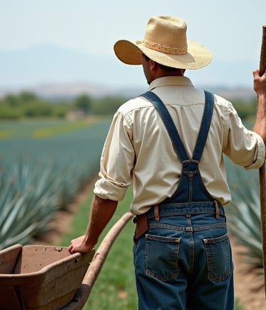 a man in an agave field with a hat, holding a wheelbarrow uno tequila