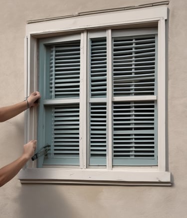 A section of a wall is being painted. The surface appears partially covered with paint, and various painting supplies are present, including a large paint bucket and a brush. The ground is protected with plastic sheets, and there is a close-up of paint on a tool in the foreground.