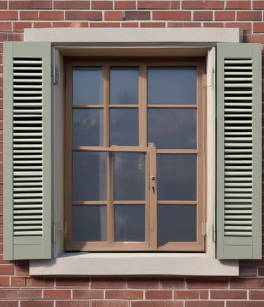 A person wearing protective clothing is painting the exterior of a building while crouched on a narrow ledge. Next to the person is a satellite dish attached to the wall. Several windows are open above the person, providing some ventilation.