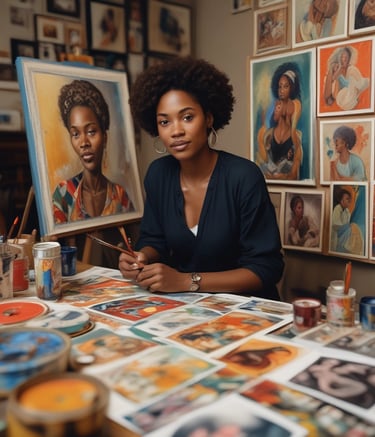A joyful woman painting in a bright studio filled with art.
