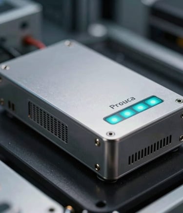 Macro photography of a secure cryptographic hardware device in a French data center, featuring polished metal surfaces and subtle teal status lights.