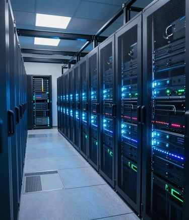 Wide shot of a high-tech server facility in France with rows of server racks illuminated by deep blue and teal neon lights.