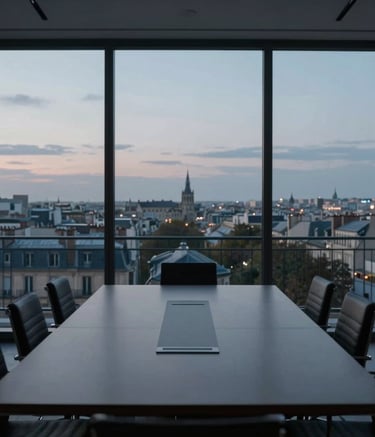 Cinematic photograph of a minimalist European boardroom at twilight, overlooking a French city skyline, with soft light gray and dark blue tones.