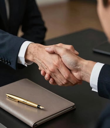 A close-up of a professional handshake between a consultant and a client over a matte black desk. On the desk sits a muted taupe leather folder and a burnished gold fountain pen. The lighting is soft and focused, creating a sense of trust and sophisticated professionalism.