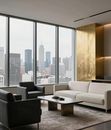 A wide-angle shot of a minimalist, modern office interior with large windows overlooking a city skyline. The room features furniture in deep charcoal and soft porcelain tones, with burnished gold architectural accents. The atmosphere is calm, authoritative, and elegant.