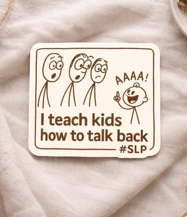 Speech Language Pathologist sticker featuring a funny cartoon of a child talking back to adults with SLP hashtag.